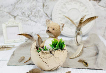 Toy fox with feathers in vintage style.For postcards, posters for happy birthday, holiday, valentine's day.Copy space.