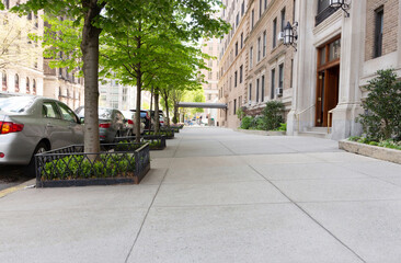 a picturesque city sidewalk with a line tree boxes and parked cars and prewar apartment building on either side