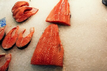 Pieces of salmon at fish market in the center of Athens in Greece, July 27 2020.
