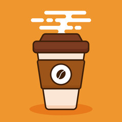 Coffee cup with lid and coffee bean icon. Concept of beverage. Take away paper cup. Flat liner graphic design vector illustration. 