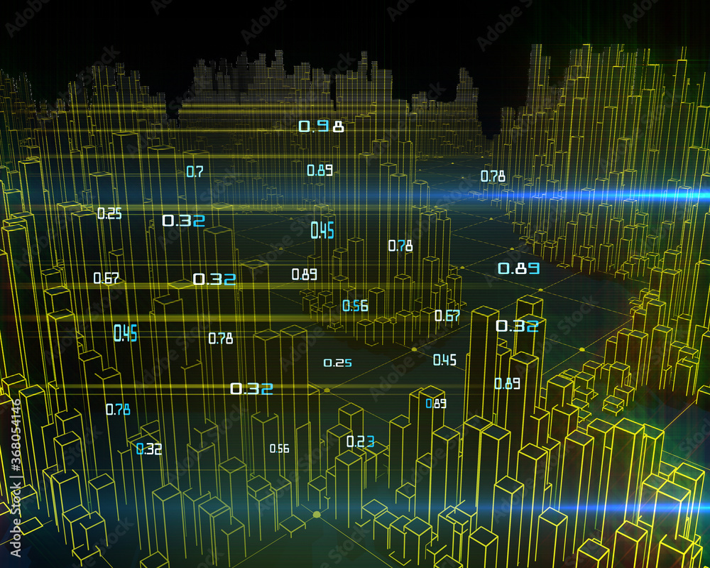 Wall mural Big Data. 3D illustration abstract  infographic with yellow outline columns and light effects.  Business and finance analytics representation. Futuristic geometric analyze data concept.