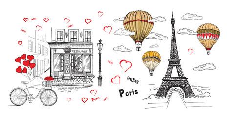 Set of hand drawn French icons, Paris sketch illustration