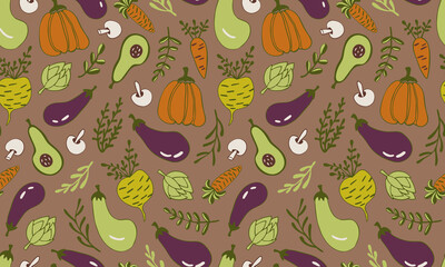 Vector seamless pattern of vegetables. Hand drawn doodle illustration of healthy farm food. Organic veggie grown in the garden.