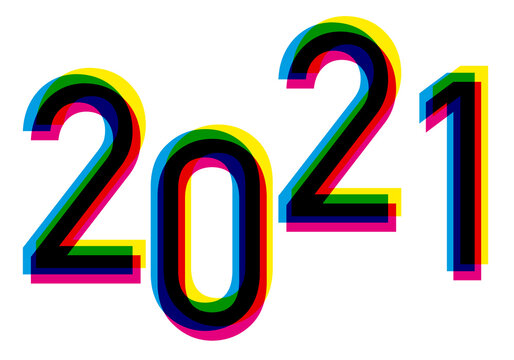 Carte de vœux 2021 avec un graphisme dynamique et coloré, utilisant les couleurs primaires de l’imprimerie dans une création originale.
