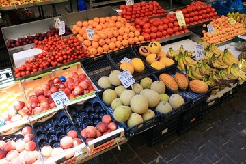 Stalls with fruits and vegetables at street market in the center of Athens in Greece, July 27 2020.
