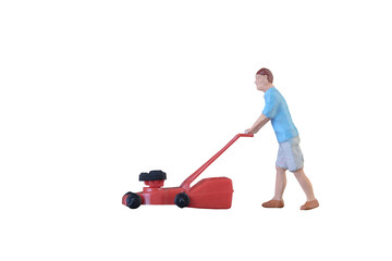 Close up of Miniature gardener people isolate with clipping path on white background. Elegant Design with copy space for placement your text, mock up for housework and gradening concept