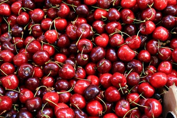 Fresh cherries at street market in the center of Athens in Greece, July 27 2020.