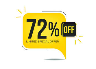 72% off limited special offer. Banner with seventy-two percent discount on a yellow square balloon.