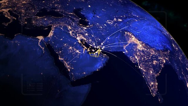Flying to UAE from many destinations.Dubai opens borders for tourists.Airplane trip on the map.HUD with digital data code.Good for tourist company, airways advertisement. All flying to Dubai. 