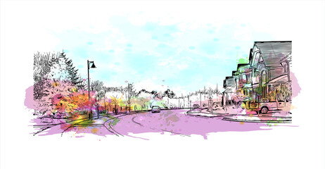 Building view with landmark of Ajax is a town in Durham Region in Southern Ontario, Canada. Watercolor splash with Hand drawn sketch illustration in vector.