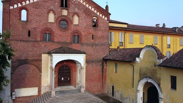 Europe, Italy - Abbey of Morimondo village in Lombardy region in Italy - Drone aerial view of the church and the countryside near Milan 