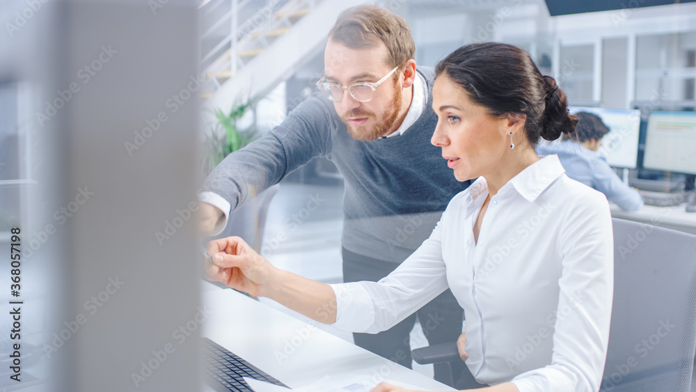 Poster beautiful businesswoman uses desktop computer, consults her project manager about documents with gra