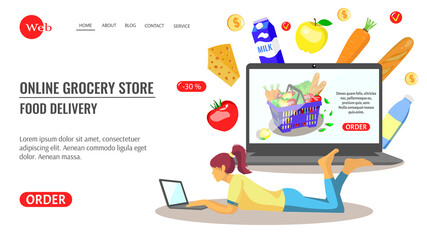 Website design for online grocery store. Girl with laptop ordering food online. Grocery store, supermarket, food delivery, online shopping concept. Vector illustration.