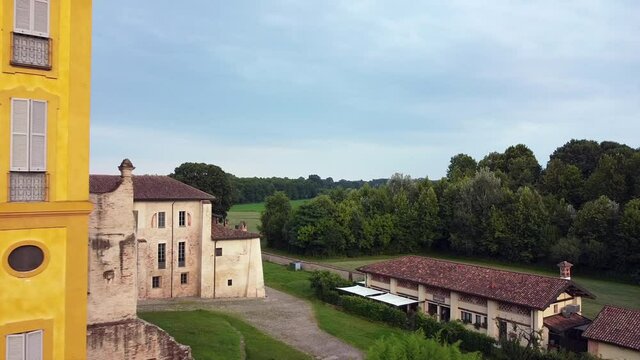 Europe, Italy - Abbey of Morimondo village in Lombardy region in Italy - Drone aerial view of the church and the countryside near Milan 