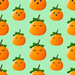 Seamless pattern with cute pumpkins for Halloween. Green background. Vector illustration.
