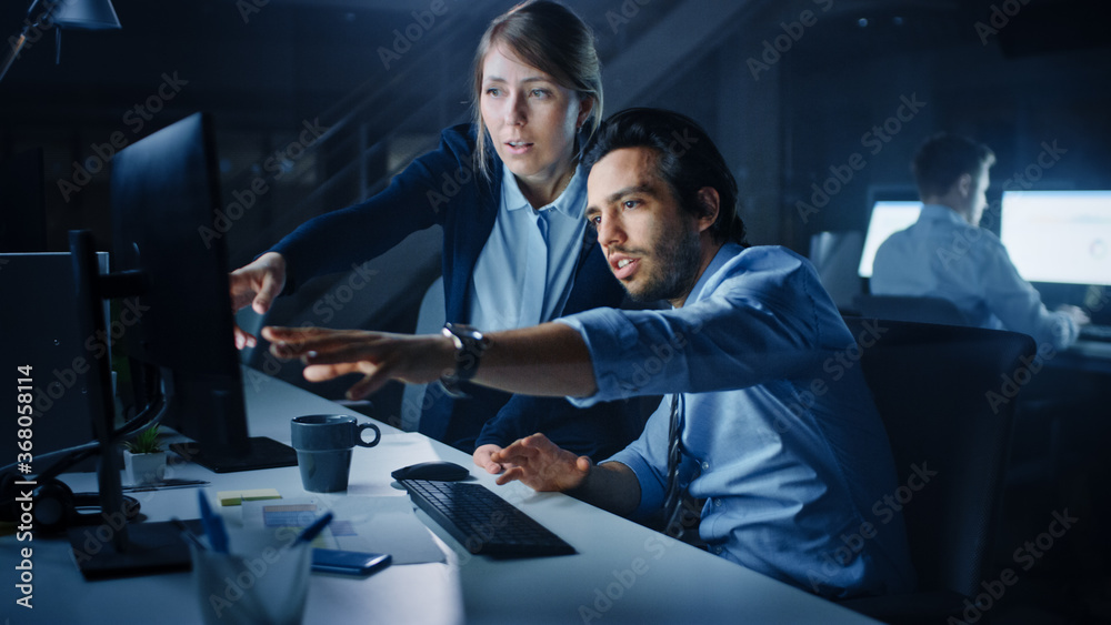 Poster confident businessman uses desktop computer, his female project manager explains specific tasks, acc