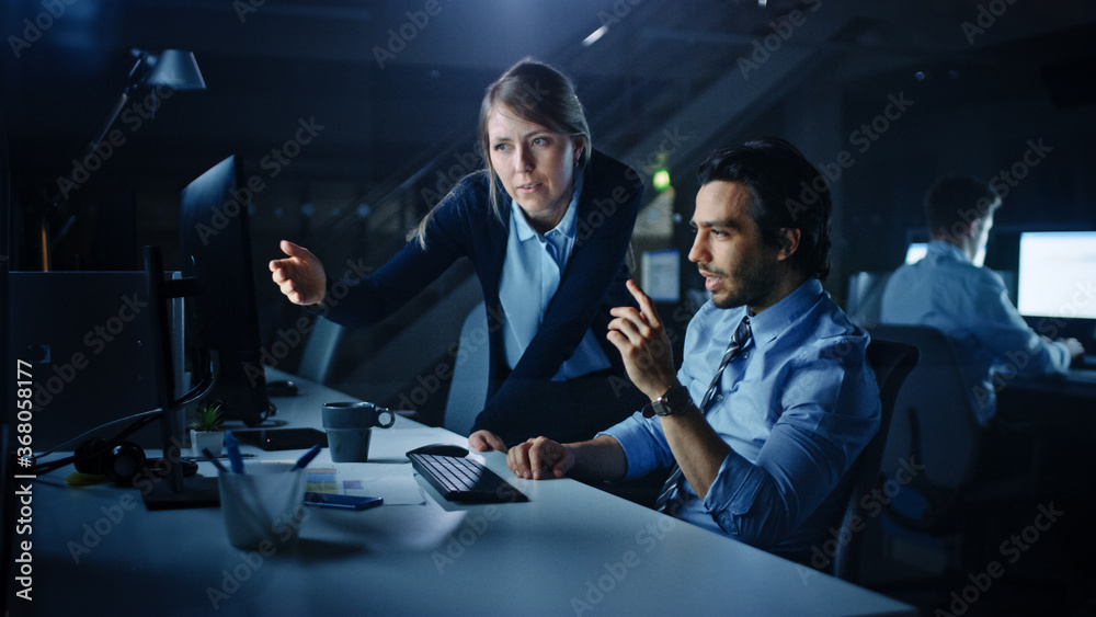 Poster confident businessman uses desktop computer, his female manager explains specific tasks, account han