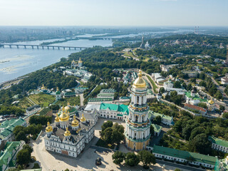 Aerial drone view. Monastery Kiev-Pechersk Lavra. Clear sunny summer day.