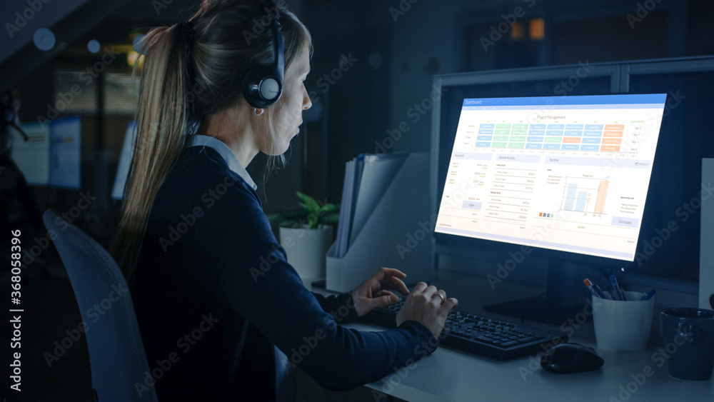 Poster Working Late at Night in the Office: Businesswoman Using Desktop Computer, Using Headsets and Making Calls, Talking to Clients and Customers, Analyzing, Solving Problems. 