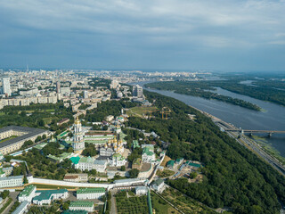 Aerial drone view. Monastery Kiev-Pechersk Lavra. Clear sunny summer day.