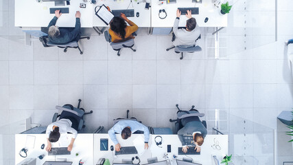 Top Down Shot of Big Busy Corporate Office with Tow Rows off Businessmen and Businesswomen Working on Desktop Computers. Bright Open Space Office with Businesspeople and Salespeople