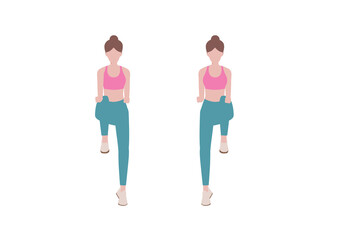 Obraz na płótnie Canvas Woman doing exercises. Doing High Knee Stretch jump training will help strengthen your body and burn a lot of calories. Isolated vector illustration in cartoon style