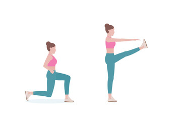 Obraz na płótnie Canvas Woman doing exercises. Step by step instruction for doing Reverse Lunge Kick which will help you create strong legs and protect your low back. Isolated vector illustration in cartoon style