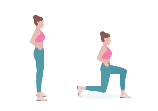 woman doing exercises.  Step by step instruction for doing Reverse Lunge is great for developing an athletic lower body, perfect for any sport requiring speed and power. Isolated vector illustration 