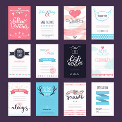 Obraz premium Wedding, Valentine's day, birthday party, anniversary, invitation, greeting cards. Design templates with hand drawn illustrations, lettering. Pastel colored vector collection isolated on background.