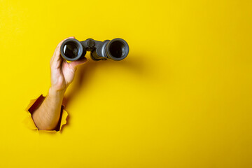 Female hand holds black binoculars on a yellow background. Looking through binoculars, journey, find and search concept - obrazy, fototapety, plakaty