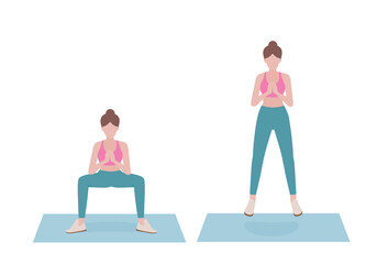 Obraz na płótnie Canvas Woman doing exercises. Step by step instruction for doing Squat Jumps. It’s efficient at making your glutes, legs, and lungs burn after just a few reps. Isolated vector illustration in cartoon style.