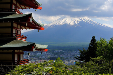 Red pagoda with a background of Mount Fuji