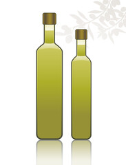 Two bottles of olive oil isolated on white background and shadow of olive branches