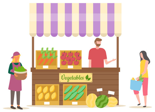 Seller selling vegetables, woman buying products. Tent with carrot and tomato, bell pepper, zucchini and watermelon, marketplace and retail vector