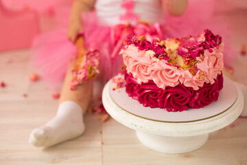 Fototapeta na wymiar Pink smash cake. Party at first year
