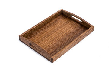 Wooden wood tray. Walnut tray for carrying plates and food on a white background. Isolated tray of wood massif.