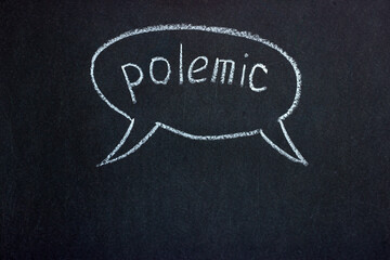 Chalkboard inscription "polemic" with marked space. Dialogue designation