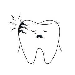 The damaged tooth hurts, a cute character with a toothache. Teeth and care concept, dental collection. Flat clean outline isolated vector illustration.