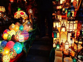 Close up shot of colorful unique Moroccan lanterns