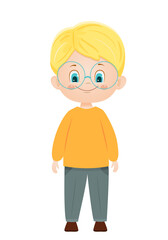 Cartoon vector smiling blond boy with glasses. Vector illustration.Isolated on white background