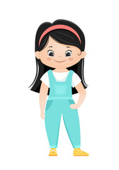 Cartoon vector smiling chinesegirl in overalls. Vector illustration.Isolated on white background