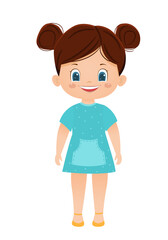 Cartoon vector smiling girl in a blue dress. Vector illustration.Isolated on white background