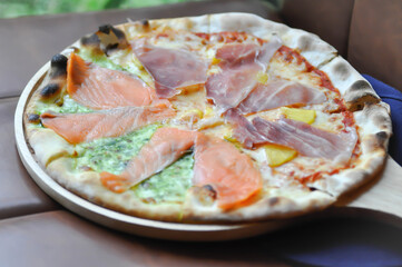 salmon pizza , salami pizza