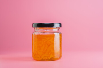 close up of orange jam jar mockup isolated on pink background
