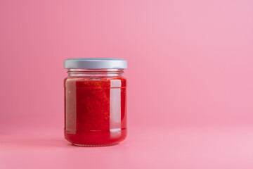 close up of Strawberry jam jar mockup isolated on pink background