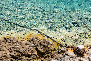 Aerial view of a slide turn from a drone on the view of calm turquoise sea water and rocks from molten lava. Pattern of sea surface and rocky shore.