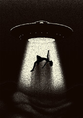 Alien spaceship kidnapping a human with the abduction ray. Retro styled poster with woman or man taken by the ufo or flying saucer. Sci-fi illustration in 50s style © swillklitch