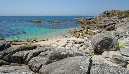 Beach with sand and rocks on the coast of Galicia, Spain, Atlantic ocean, Bueu, province of...
