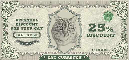 Vector money banknotes. Fake money illustration with realistic vector cat, floral border. Classical vintage style. Back sides of money bills - obrazy, fototapety, plakaty