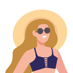 woman with swimsuit using hat summer and sunglasses, vacation season vector illustration design